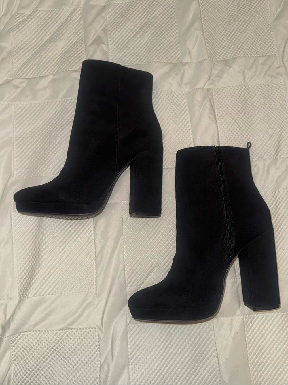 Women's Black Suede High Block Heel Ankle Booties with Side Zip